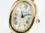Cartier Baignoire 31mm Sarı Altın Gümüş Kadran Kahve Deri Kordon Bayan Super Clone ETA Görünüm 9 — Kadran ve Bezel Görünümü