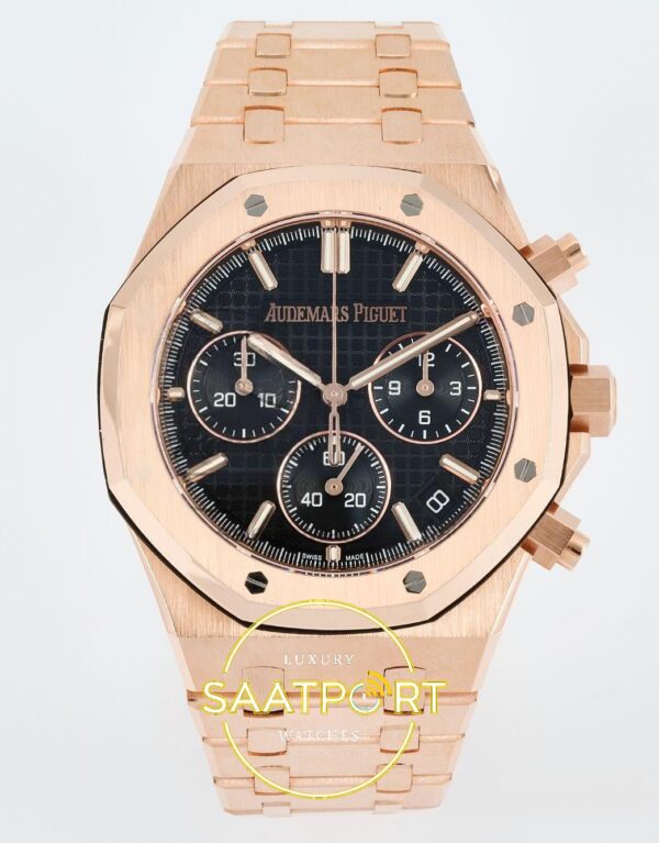 Audemars Piguet CUSTOM MODDED Royal Oak Chrono 26240OR 41mm RG/RG DDF Factory 41mm Ön Cephe Kadran ve Kasa Görünümü Super Clone