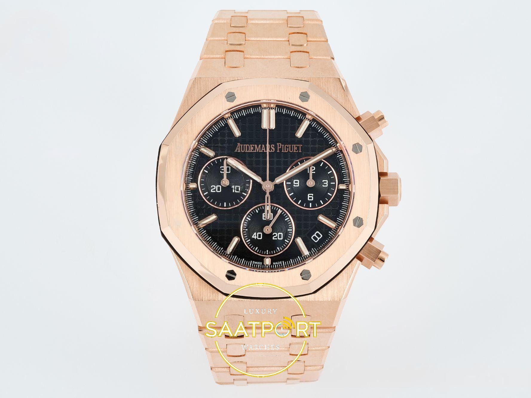 Audemars Piguet CUSTOM MODDED Royal Oak Chrono 26240OR 41mm RG/RG 41mm 18K Siyah Kadran DDF Factory Super Clone ETA Saat - Ön Cephe Kadran ve Kasa Görünümü Audemars Piguet CUSTOM MODDED Royal Oak Chrono 26240OR 41mm RG/RG DDF Factory 41mm Ön Cephe Kadran ve Kasa Görünümü Super Clone