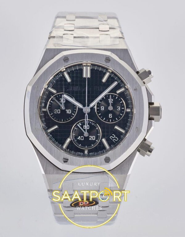 Audemars Piguet Royal Oak Chrono 26240 SS DDF Black Dial DDF Factory 41mmx12.4mm Ön Cephe Kadran ve Kasa Görünümü Super Clone ETA