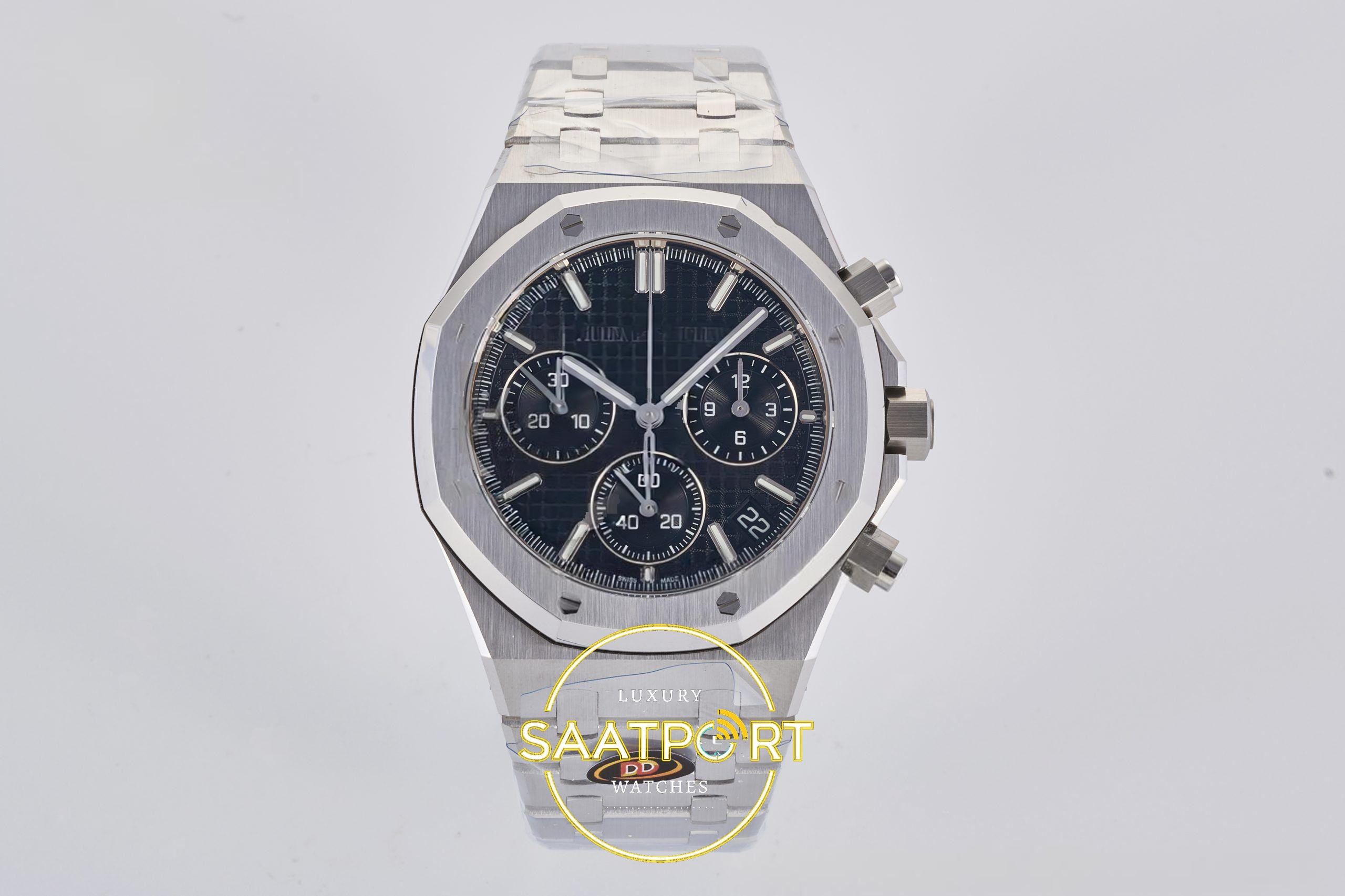 Audemars Piguet Royal Oak Chrono 26240 SS DDF Black Dial 41mmx12.4mm 904L Siyah Kadran DDF Factory Super Clone ETA Saat - Ön Cephe Kadran ve Kasa Görünümü Audemars Piguet Royal Oak Chrono 26240 SS DDF Black Dial DDF Factory 41mmx12.4mm Ön Cephe Kadran ve Kasa Görünümü Super Clone ETA
