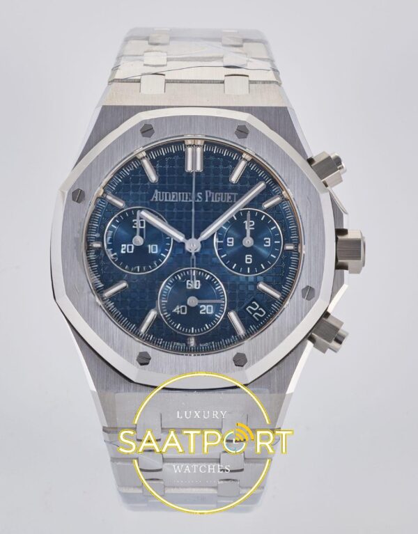 Audemars Piguet Royal Oak Chrono 26240 SS DDF Blue Dial DDF Factory 41mmx12.4mm Ön Cephe Kadran ve Kasa Görünümü Super Clone ETA
