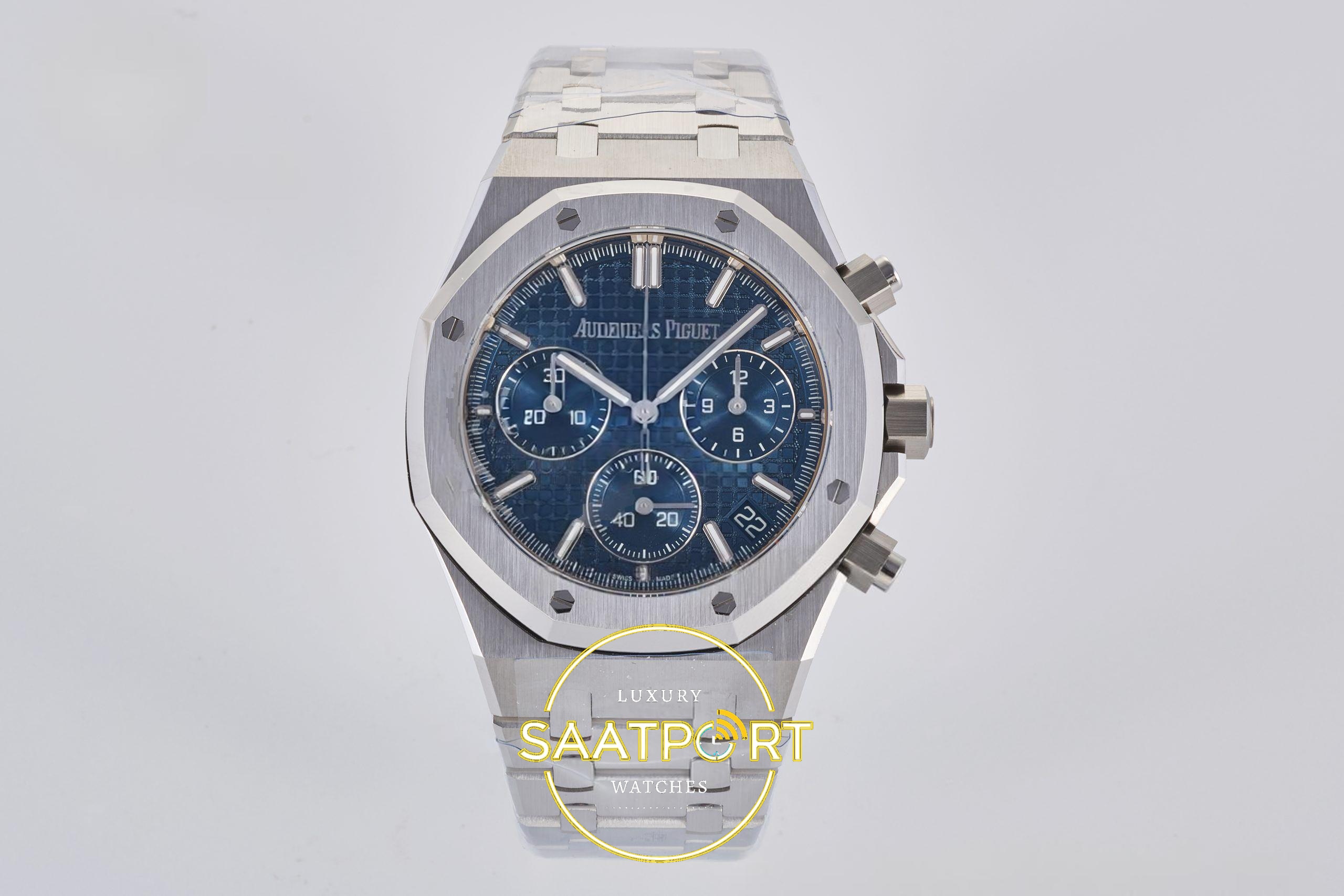 Audemars Piguet Royal Oak Chrono 26240 SS DDF Blue Dial 41mmx12.4mm 904L Mavi Kadran DDF Factory Super Clone ETA Saat - Ön Cephe Kadran ve Kasa Görünümü Audemars Piguet Royal Oak Chrono 26240 SS DDF Blue Dial DDF Factory 41mmx12.4mm Ön Cephe Kadran ve Kasa Görünümü Super Clone ETA