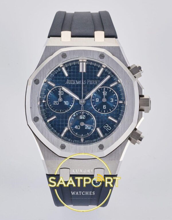Audemars Piguet Royal Oak Chrono 26240 SS DDF Blue Dial DDF Factory 41mmx12.4mm Ön Cephe Kadran ve Kasa Görünümü Super Clone ETA