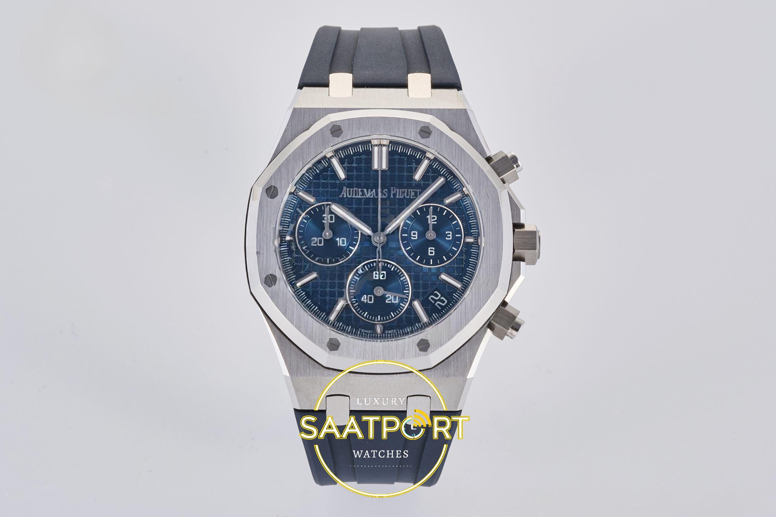 Audemars Piguet Royal Oak Chrono 26240 SS DDF Blue Dial 41mmx12.4mm 904L Mavi Kadran DDF Factory Super Clone ETA Saat - Ön Cephe Kadran ve Kasa Görünümü Audemars Piguet Royal Oak Chrono 26240 SS DDF Blue Dial DDF Factory 41mmx12.4mm Ön Cephe Kadran ve Kasa Görünümü Super Clone ETA
