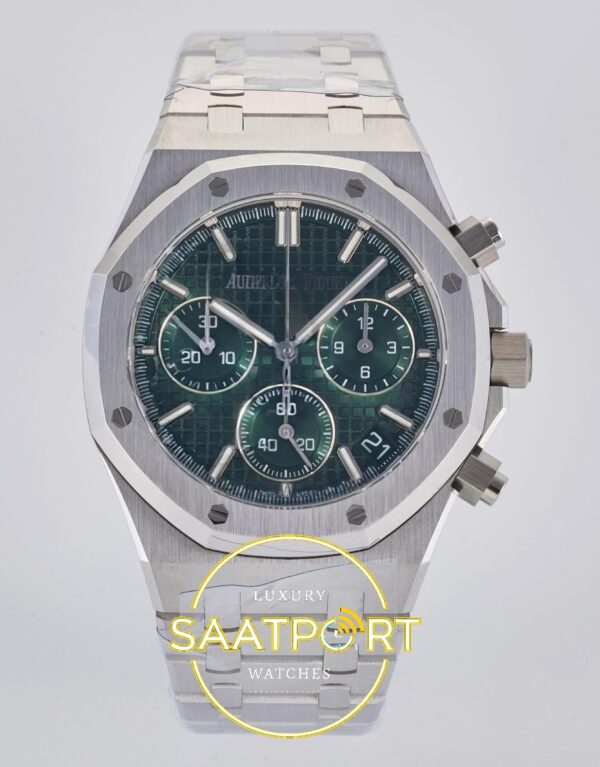 Audemars Piguet Royal Oak Chrono 26240 SS DDF Green Dial DDF Factory 41mmx12.4mm Ön Cephe Kadran ve Kasa Görünümü Super Clone ETA