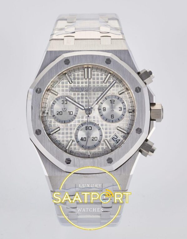 Audemars Piguet Royal Oak Chrono 26240 SS DDF Silver Dial DDF Factory 41mmx12.4mm Ön Cephe Kadran ve Kasa Görünümü Super Clone