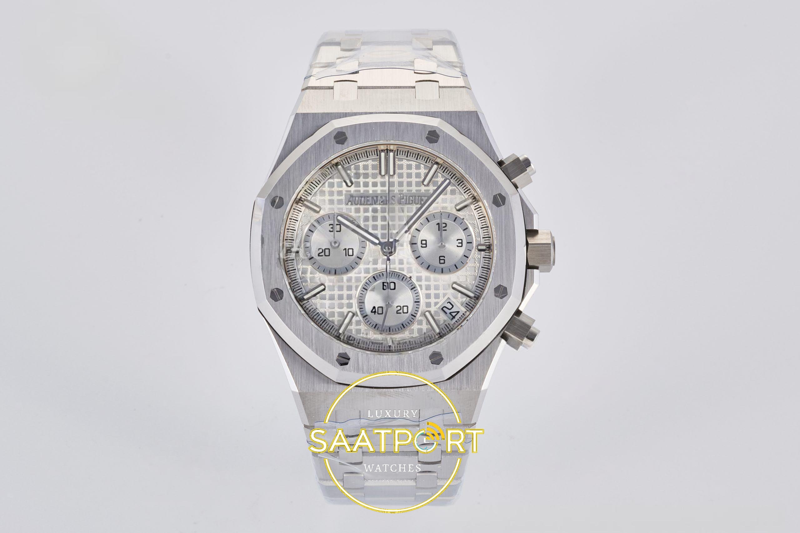 Audemars Piguet Royal Oak Chrono 26240 SS DDF Silver Dial 41mmx12.4mm 904L Beyaz / Gümüş Kadran DDF Factory Super Clone ETA Saat - Ön Cephe Kadran ve Kasa Görünümü Audemars Piguet Royal Oak Chrono 26240 SS DDF Silver Dial DDF Factory 41mmx12.4mm Ön Cephe Kadran ve Kasa Görünümü Super Clone