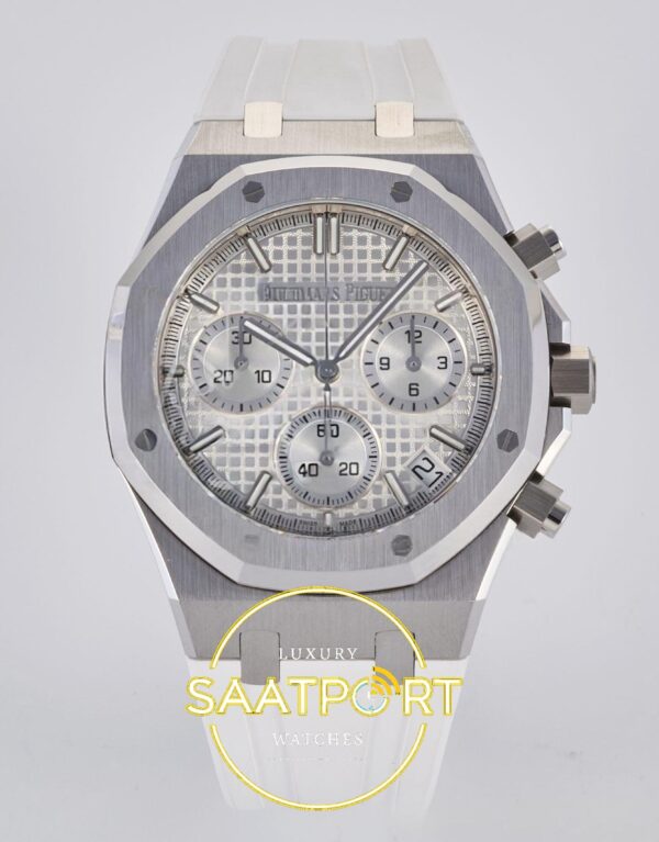 Audemars Piguet Royal Oak Chrono 26240 SS DDF Silver Dial DDF Factory 41mmx12.4mm Ön Cephe Kadran ve Kasa Görünümü Super Clone