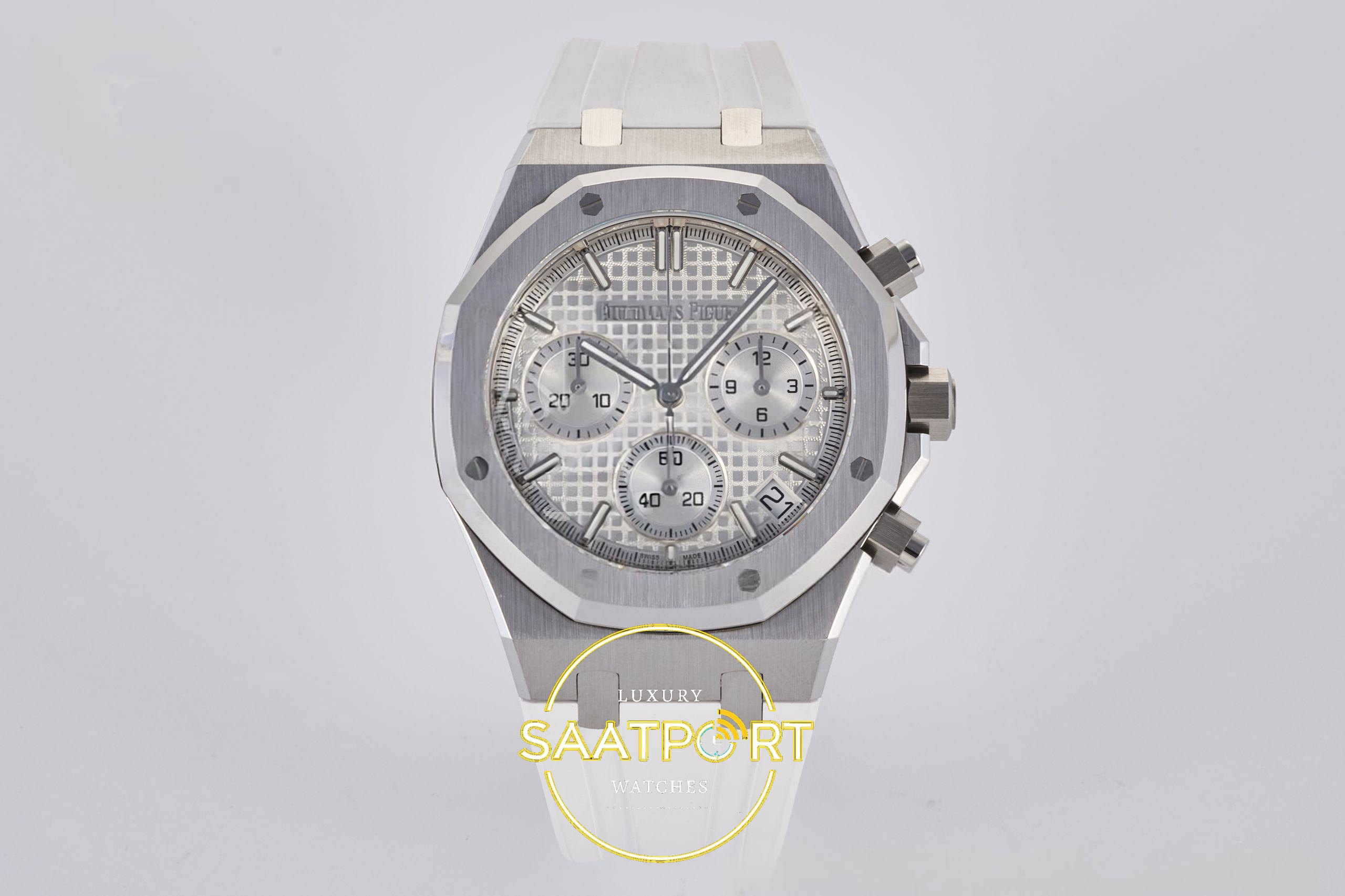 Audemars Piguet Royal Oak Chrono 26240 SS DDF Silver Dial 41mmx12.4mm 904L Beyaz / Gümüş Kadran DDF Factory Super Clone ETA Saat - Ön Cephe Kadran ve Kasa Görünümü Audemars Piguet Royal Oak Chrono 26240 SS DDF Silver Dial DDF Factory 41mmx12.4mm Ön Cephe Kadran ve Kasa Görünümü Super Clone