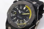 Audemars Piguet Royal Oak Offshore Diver 15706 Forged Carbon JF APS Factory 42mmx14mm Sağ 45 Derece Çapraz Kasa ve Kurma Tepesi — Kadran ve Bezel Görünümü