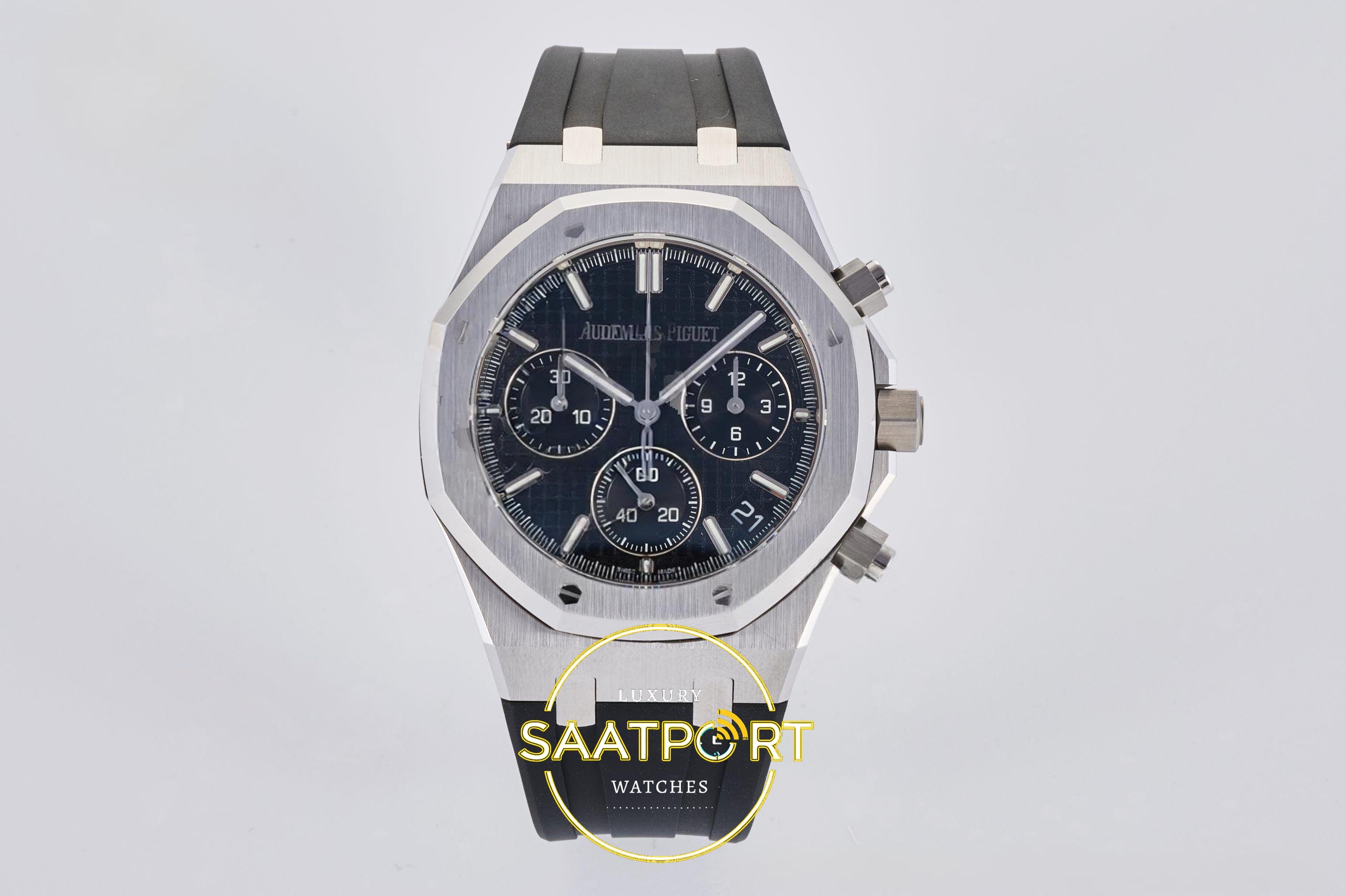 Audemars Piguet Royal Oak Chrono 26240 SS DDF Black Dial 41mmx12.4mm 904L Siyah Kadran DDF Factory Super Clone ETA Saat - Ön Cephe Kadran ve Kasa Görünümü Audemars Piguet Royal Oak Chrono 26240 SS DDF Black Dial DDF Factory 41mmx12.4mm Ön Cephe Kadran ve Kasa Görünümü Super Clone ETA