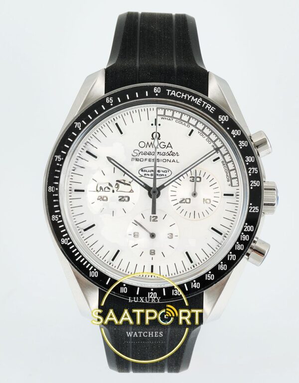 Omega OMG - SpeedMaster Snoopy Apollo SS/NY White Rubber ZF Factory 42mm Ön Cephe Kadran ve Kasa Görünümü Super Clone ETA Saat