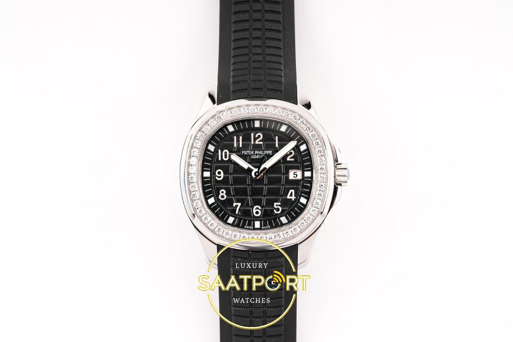 Patek Philippe Aquanaut 5267 SS PPF Black Textured Dial 38.8mm Siyah Kabartma Aquanaut Kadran Aktif Hacking PPF Factory Bayan Super Clone ETA Saat - Ön Cephe Kadran ve Kasa Görünümü Patek Philippe Aquanaut 5267 SS PPF Black Textured Dial PPF Factory Aktif Hacking Saniye Durdurma 38.8mm Ön Cephe Kadran ve Kasa