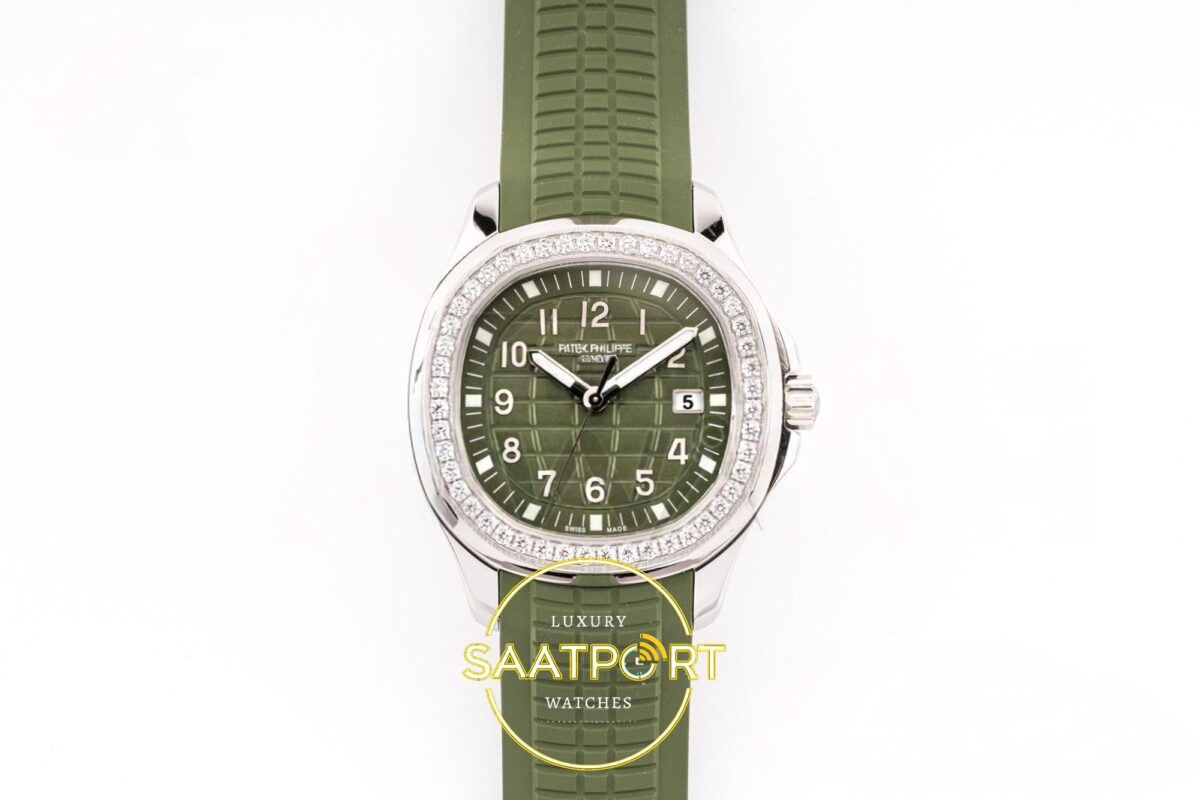 Patek Philippe Aquanaut 5267 SS PPF Green Textured Dial PPF Factory Aktif Hacking Saniye Durdurma 38.8mm Ön Cephe Kadran ve Kasa — Kadran ve Bezel Görünümü