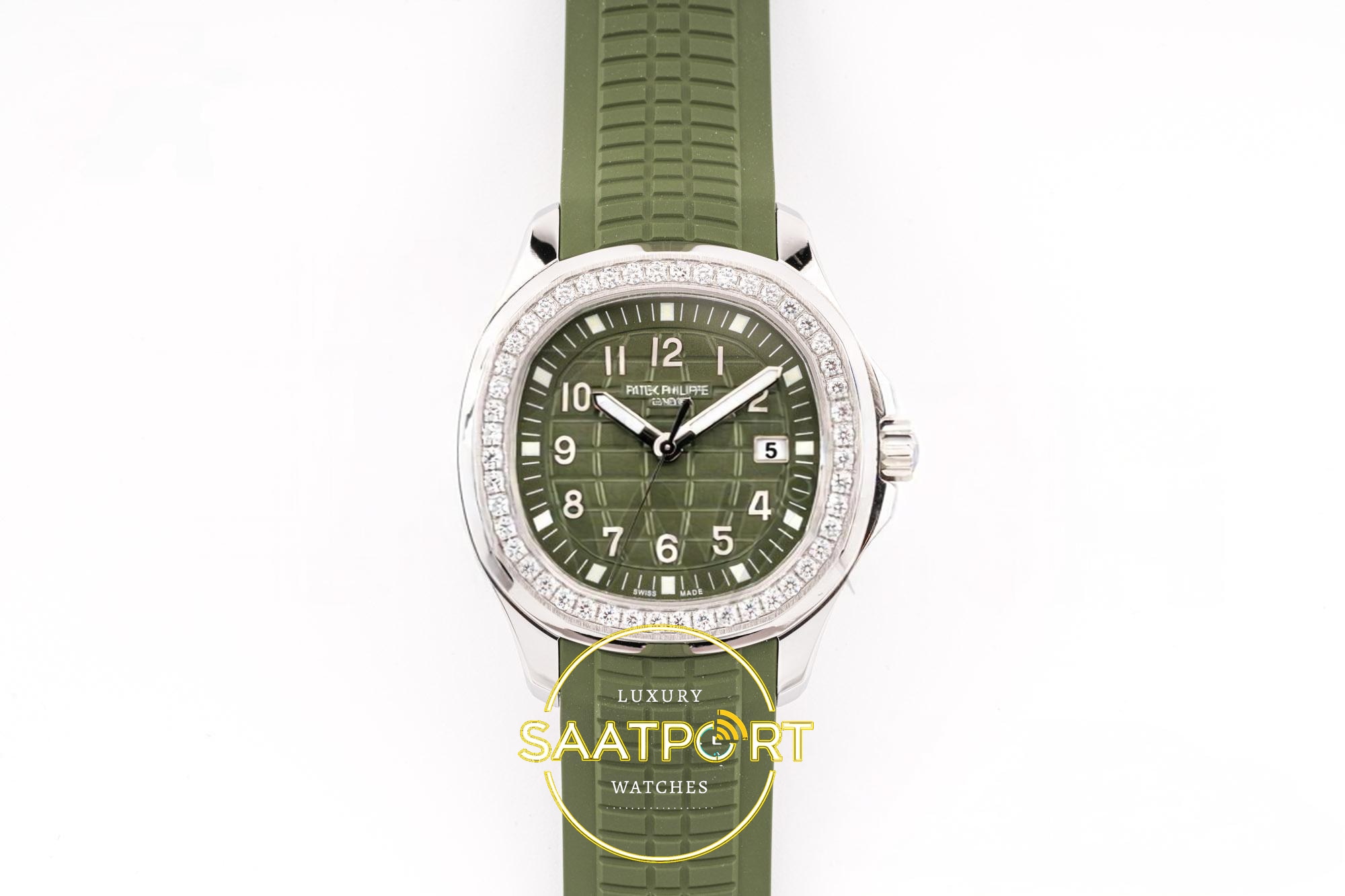 Patek Philippe Aquanaut 5267 SS PPF Green Textured Dial 38.8mm Haki Yeşil Kabartma Aquanaut Kadran Aktif Hacking PPF Factory Bayan Super Clone ETA Saat - Ön Cephe Kadran ve Kasa Görünümü Patek Philippe Aquanaut 5267 SS PPF Green Textured Dial PPF Factory Aktif Hacking Saniye Durdurma 38.8mm Ön Cephe Kadran ve Kasa