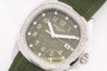 Patek Philippe Aquanaut 5267 SS PPF Green Textured Dial PPF Factory Aktif Hacking Saniye Durdurma 38.8mm Sağ 45 Derece Çapraz — Kadran ve Bezel Görünümü