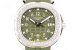 Patek Philippe Aquanaut 5267 SS PPF Green Textured Dial PPF Factory Aktif Hacking Saniye Durdurma 38.8mm Sol 45 Derece Çapraz — Kadran ve Bezel Görünümü