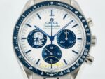 Omega OMG - SpeedMaster Snoopy 50th Anni. SS/NY Wht/Blu ZF Factory 42mm Kadran İndeks ve İbre Detay Yakın Çekim Super Clone ETA — Kadran ve Bezel Görünümü