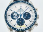 Omega OMG - SpeedMaster Snoopy 50th Anni. SS/NY Wht/Blu ZF Factory 42mm Kadran İndeks ve İbre Detay Yakın Çekim Super Clone ETA — Kadran ve Bezel Görünümü