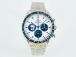 Omega OMG - SpeedMaster Snoopy 50th Anni. SS/NY Wht/Blu ZF Factory 42mm Ön Cephe Kadran ve Kasa Görünümü Super Clone ETA Saat — Kadran ve Bezel Görünümü