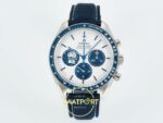 Omega OMG - SpeedMaster Snoopy 50th Anni. SS/NY Wht/Blu ZF Factory 42mm Ön Cephe Kadran ve Kasa Görünümü Super Clone ETA Saat — Kadran ve Bezel Görünümü