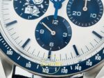 Omega OMG - SpeedMaster Snoopy 50th Anni. SS/NY Wht/Blu ZF Factory 42mm Sol Yan Kasa Kalınlık ve Fırçalanmış Yüzey Profili Super — Kadran ve Bezel Görünümü