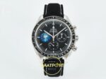 Omega OMG - SpeedMaster Snoopy Apollo SS/NY Black SMF ZF Factory 42mm Ön Cephe Kadran ve Kasa Görünümü Super Clone ETA Saat — Kadran ve Bezel Görünümü