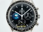 Omega OMG - SpeedMaster Snoopy Apollo SS/NY Black Steel ZF Factory 42mm Kadran İndeks ve İbre Detay Yakın Çekim Super Clone ETA — Kadran ve Bezel Görünümü