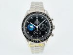 Omega OMG - SpeedMaster Snoopy Apollo SS/NY Black Steel ZF Factory 42mm Ön Cephe Kadran ve Kasa Görünümü Super Clone ETA Saat — Kadran ve Bezel Görünümü