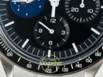 Omega OMG - SpeedMaster Snoopy Apollo SS/NY Black Steel ZF Factory 42mm Sol Yan Kasa Kalınlık ve Fırçalanmış Yüzey Profili Super — Kadran ve Bezel Görünümü