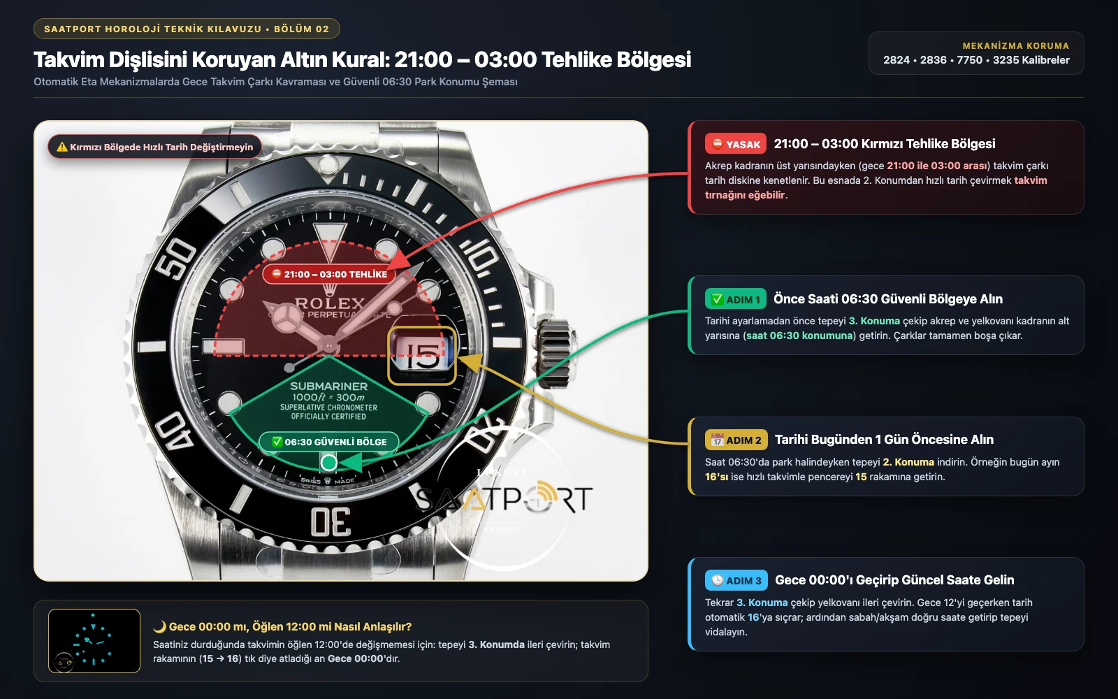 Otomatik Eta saat kadranı üzerinde 21:00 ile 03:00 kırmızı takvim tehlike bölgesi ve 06:30 yeşil güvenli tarih ayarlama konumu