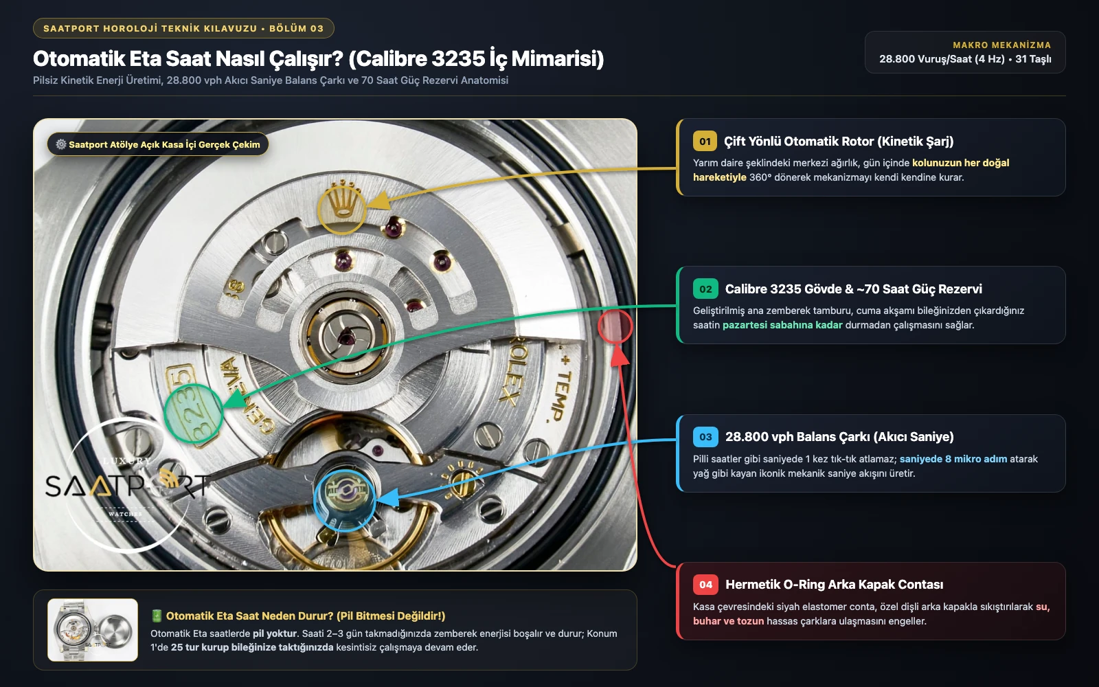 Açık arka kapak Calibre 3235 otomatik Eta saat mekanizması çift yönlü rotor, 70 saat güç rezervi, 28800 vph balans çarkı