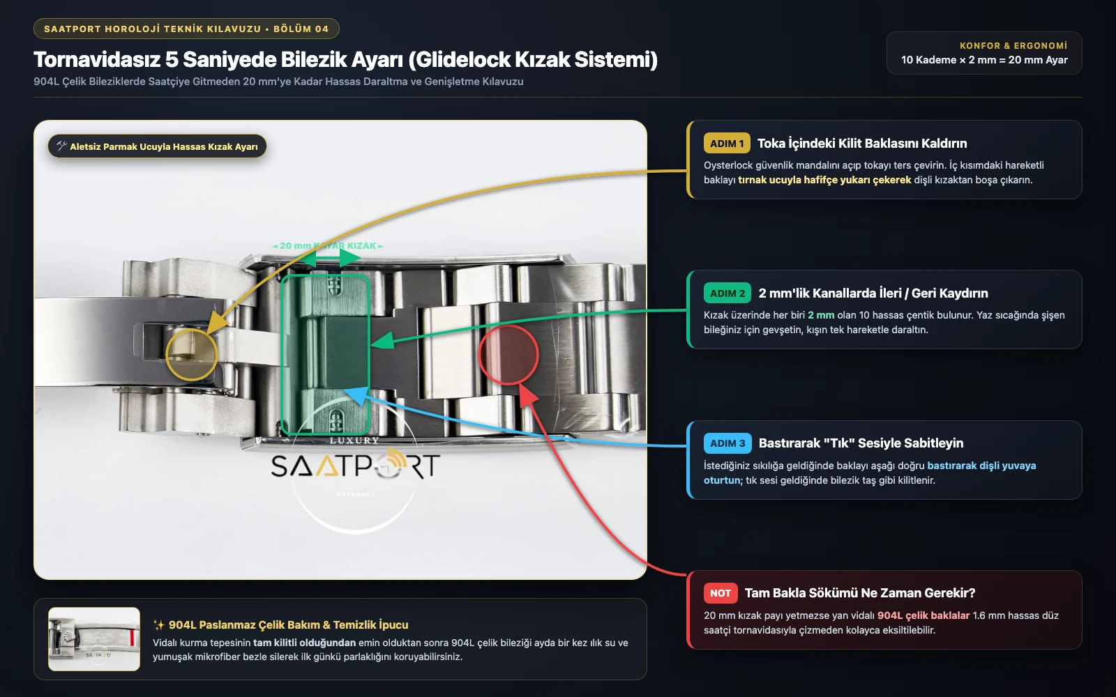 904L çelik Oysterlock toka içindeki 20 mm Glidelock kayar kızak kanallarıyla tornavidasız bilezik daraltma ve genişletme şeması