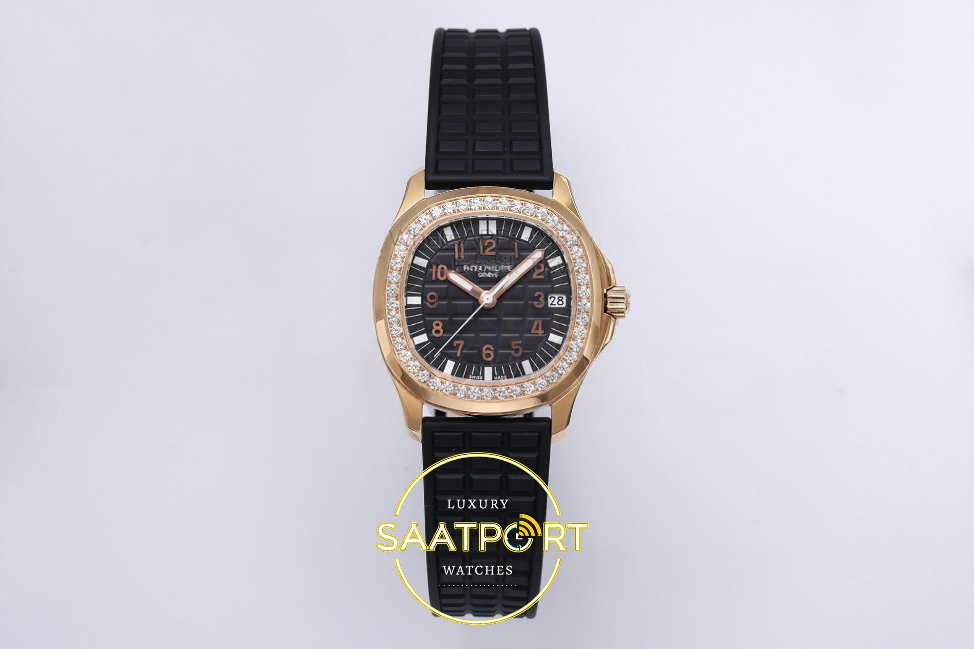 Patek Philippe Aquanaut 5067A RG PPF Black Textured Dial 35.6mm Siyah Kabartma Aquanaut Kadran Aktif Hacking PPF Factory Super Clone ETA Saat - Ön Cephe Kadran ve Kasa Görünümü Patek Philippe Aquanaut 5067A RG PPF Black Textured Dial PPF Factory Aktif Hacking Saniye Durdurma 35.6mm Ön Cephe Kadran ve Kasa