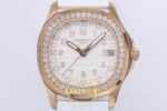 Patek Philippe Aquanaut 5067A RG PPF White Textured Dial PPF Factory Aktif Hacking Saniye Durdurma 35.6mm Sol 45 Derece Çapraz — Kadran ve Bezel Görünümü