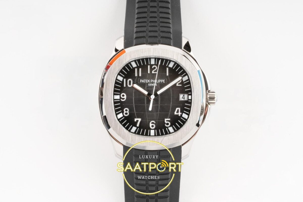 Patek Philippe Aquanaut 5167 SS BBF Gray Dial on BBF Factory Aktif Hacking Saniye Durdurma 40mm Ön Cephe Kadran ve Kasa Görünümü — Kasa Profili ve Kurma Kolu