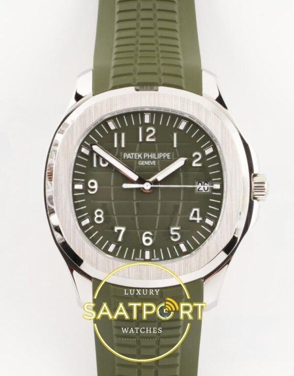 Patek Philippe Aquanaut 5168 SS BBF Green Dial on BBF Factory Aktif Hacking Saniye Durdurma 42mm Ön Cephe Kadran ve Kasa Görünümü