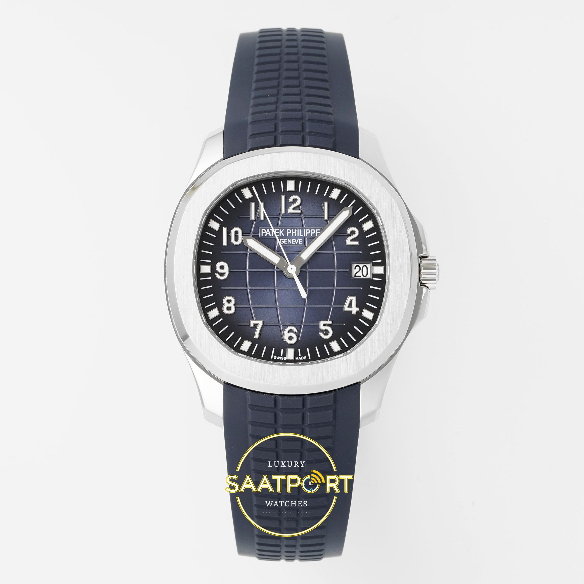 Patek Philippe Aquanaut 5168G 42mm SS APWF Blue Dial 42mm Gece Mavisi Kabartma Aquanaut Kadran Aktif Hacking APS Factory Super Clone ETA Saat - Ön Cephe Kadran ve Kasa Görünümü Patek Philippe Aquanaut 5168G 42mm SS APWF Blue Dial APS Factory Aktif Hacking Saniye Durdurma 42mm Ön Cephe Kadran ve Kasa