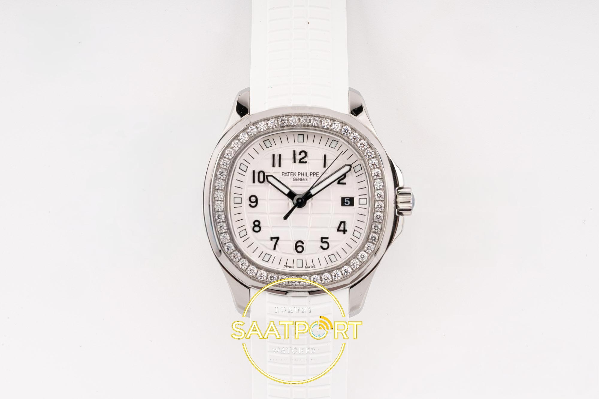 Patek Philippe Aquanaut 5267 SS PPF White Textured Dial 38.8mm Beyaz / Sedef Kabartma Aquanaut Kadran Aktif Hacking PPF Factory Bayan Super Clone ETA Saat - Ön Cephe Kadran ve Kasa Görünümü Patek Philippe Aquanaut 5267 SS PPF White Textured Dial PPF Factory Aktif Hacking Saniye Durdurma 38.8mm Ön Cephe Kadran ve Kasa