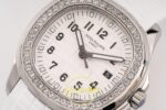 Patek Philippe Aquanaut 5267 SS PPF White Textured Dial PPF Factory Aktif Hacking Saniye Durdurma 38.8mm Sağ 45 Derece Çapraz — Kadran ve Bezel Görünümü