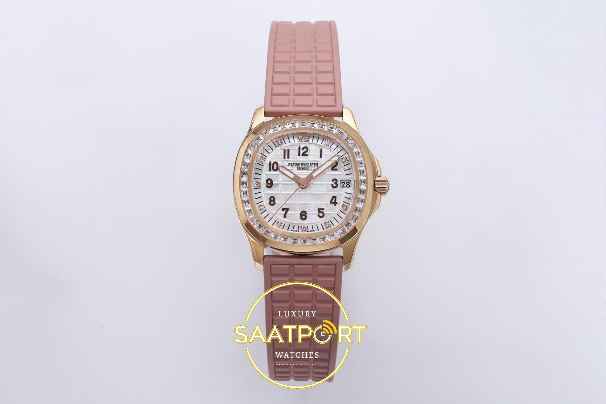 Patek Philippe Aquanaut Jumbo 5069A RG PPF White MOP 36mm Beyaz / Sedef Kabartma Aquanaut Kadran Aktif Hacking PPF Factory Super Clone ETA Saat - Ön Cephe Kadran ve Kasa Görünümü Patek Philippe Aquanaut Jumbo 5069A RG PPF White MOP PPF Factory Aktif Hacking Saniye Durdurma 36mm Ön Cephe Kadran ve Kasa