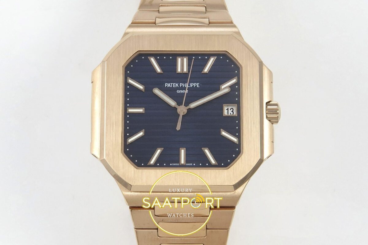 Patek Philippe Cubitus 5821 RG GRF Blue Dial on RG ZF Factory 45mm Ön Cephe Kadran ve Kasa Görünümü Super Clone ETA Saat — Kadran ve Bezel Görünümü