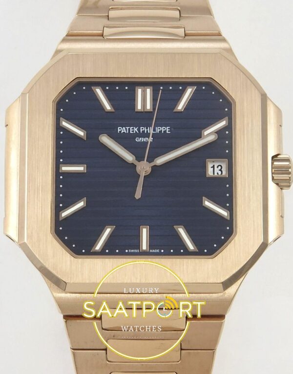 Patek Philippe Cubitus 5821 RG GRF Blue Dial on RG ZF Factory 45mm Ön Cephe Kadran ve Kasa Görünümü Super Clone ETA Saat