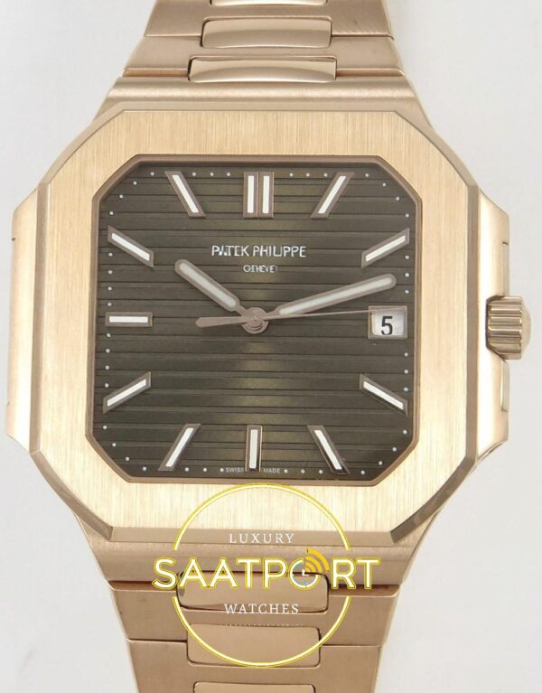 Patek Philippe Cubitus 5821 RG GRF Brown Dial on RG ZF Factory 45mm Ön Cephe Kadran ve Kasa Görünümü Super Clone ETA Saat