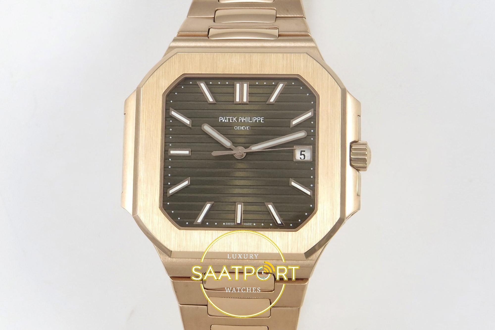 Patek Philippe Cubitus 5821 RG GRF Brown Dial on RG 45mm 18K Çikolata Kahve Kadran ZF Factory Super Clone ETA Saat - Ön Cephe Kadran ve Kasa Görünümü Patek Philippe Cubitus 5821 RG GRF Brown Dial on RG ZF Factory 45mm Ön Cephe Kadran ve Kasa Görünümü Super Clone ETA Saat