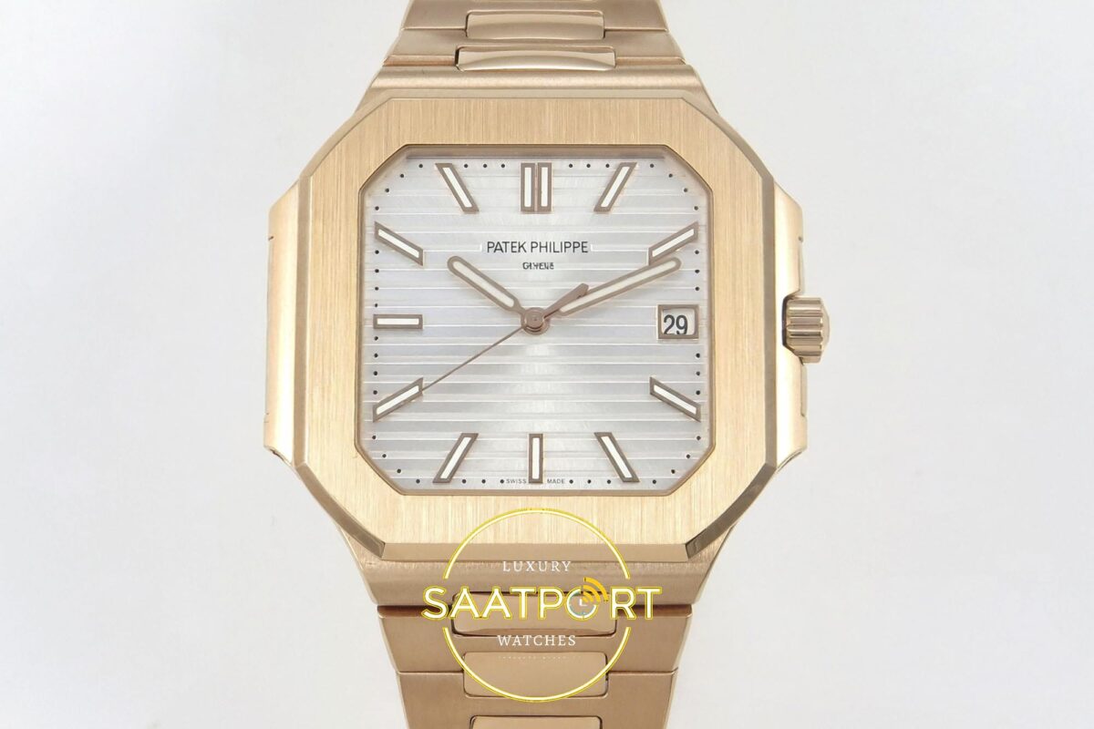 Patek Philippe Cubitus 5821 RG GRF Silver Dial on RG ZF Factory 45mm Ön Cephe Kadran ve Kasa Görünümü Super Clone ETA Saat — Kadran ve Bezel Görünümü