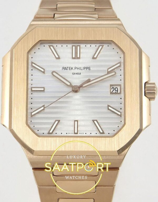 Patek Philippe Cubitus 5821 RG GRF Silver Dial on RG ZF Factory 45mm Ön Cephe Kadran ve Kasa Görünümü Super Clone ETA Saat