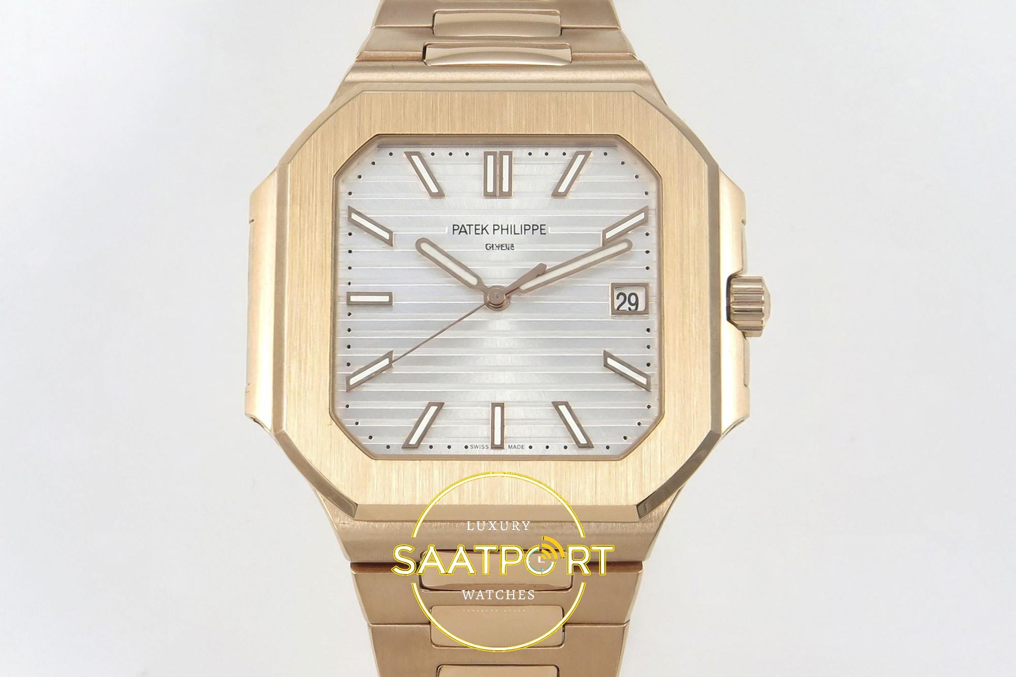 Patek Philippe Cubitus 5821 RG GRF Silver Dial on RG 45mm 18K Beyaz / Gümüş Kadran ZF Factory Super Clone ETA Saat - Ön Cephe Kadran ve Kasa Görünümü Patek Philippe Cubitus 5821 RG GRF Silver Dial on RG ZF Factory 45mm Ön Cephe Kadran ve Kasa Görünümü Super Clone ETA Saat