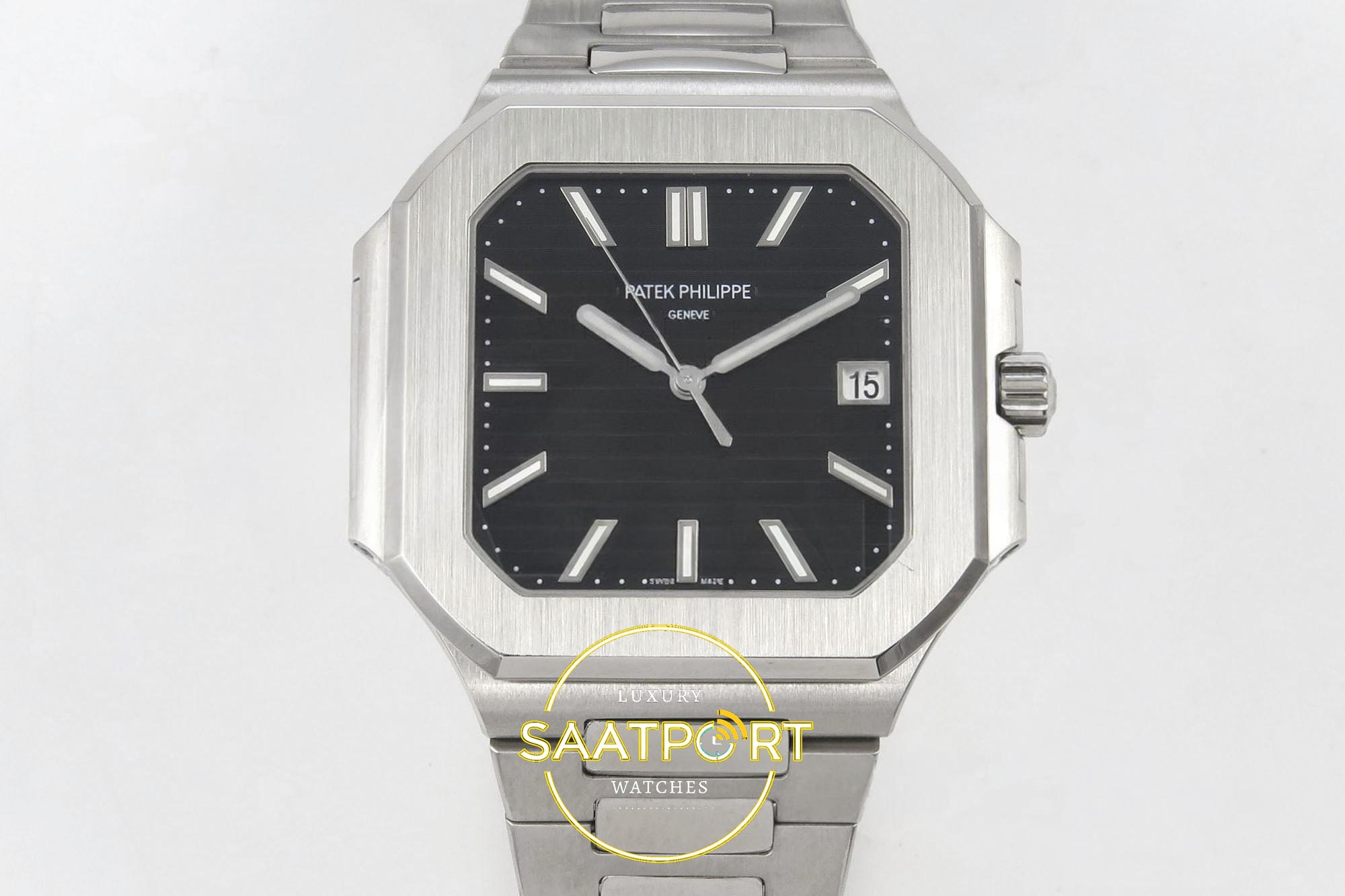 Patek Philippe Cubitus 5821 SS GRF Black Dial on SS 45mm 904L Siyah Kadran ZF Factory Super Clone ETA Saat - Ön Cephe Kadran ve Kasa Görünümü Patek Philippe Cubitus 5821 SS GRF Black Dial on SS ZF Factory 45mm Ön Cephe Kadran ve Kasa Görünümü Super Clone ETA Saat